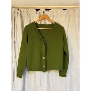 Hand Knit Wool Sweater Cardigan Green Chunky Knit Gold Buttons Womens Small Med